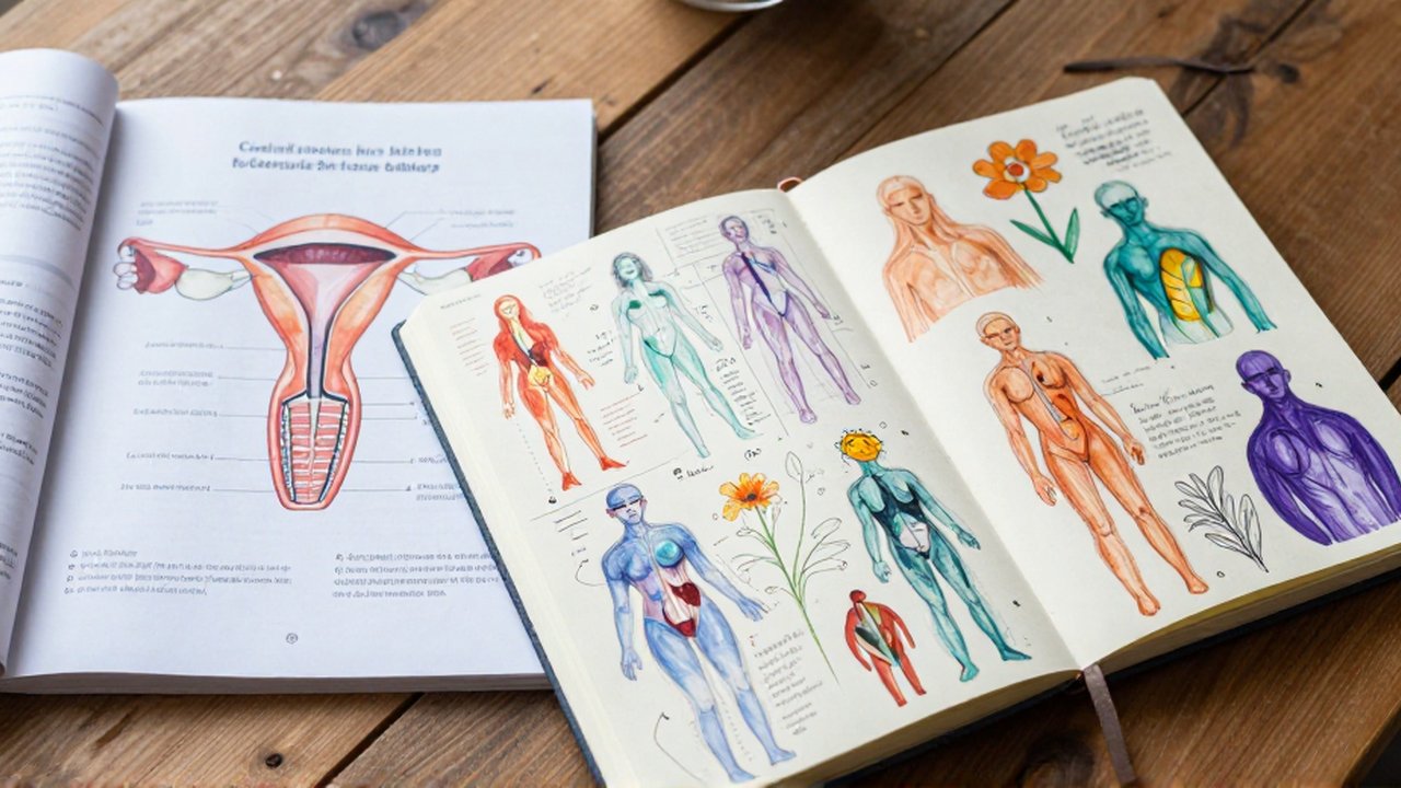 Materiales educativos con diagramas anatómicos y un cuaderno de bocetos coloridos sobre una mesa de madera.