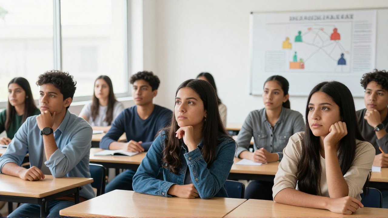 Jóvenes latinoamericanos con expresiones contemplativas se sientan en un aula moderna con escritorios de madera.
