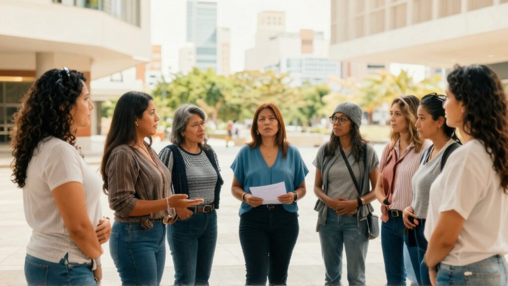 Grupo de mujeres latinoamericanas de distintas edades conversan en una plaza pública con vegetación al fondo.
