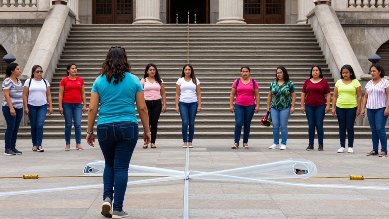 Mujeres de distintas edades avanzan en una plaza urbana frente a obstáculos de cuerdas traslúcidas.