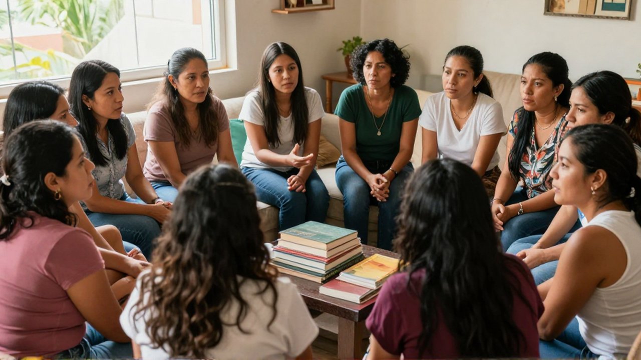 Grupo de mujeres latinoamericanas de diversas edades conversan en círculo dentro de una sala iluminada.