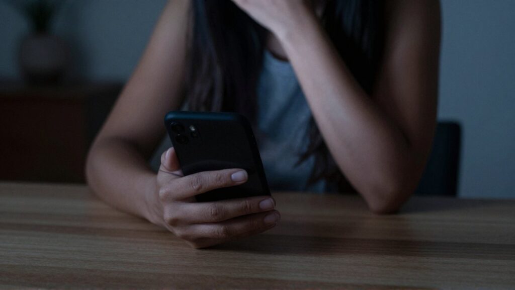 Manos de una mujer apoyadas sobre una mesa de madera mientras sujeta con fuerza un teléfono.