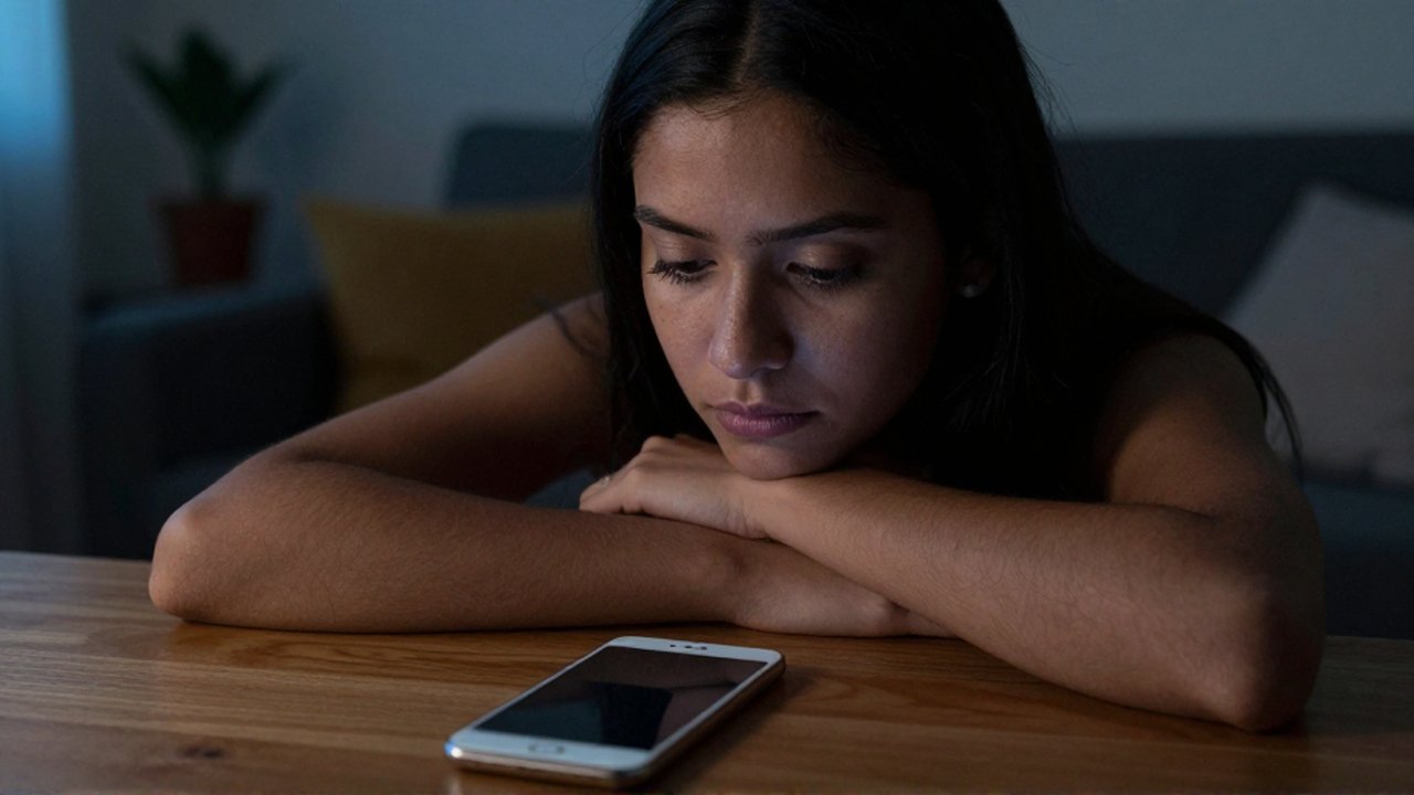 Una mujer joven mira pensativa un teléfono apagado sobre una mesa de madera en una habitación tenue.