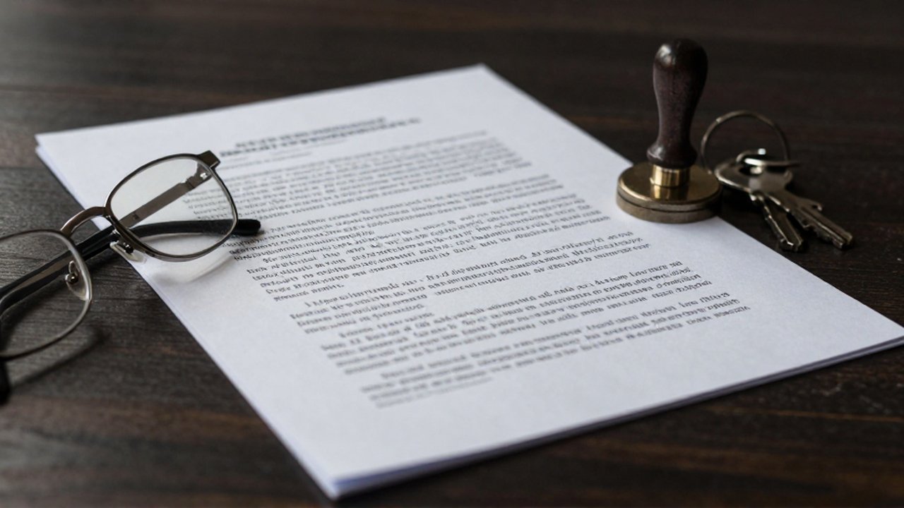 Un documento legal pesado descansa sobre una mesa de madera junto a unas gafas, llaves metálicas y un sello institucional.