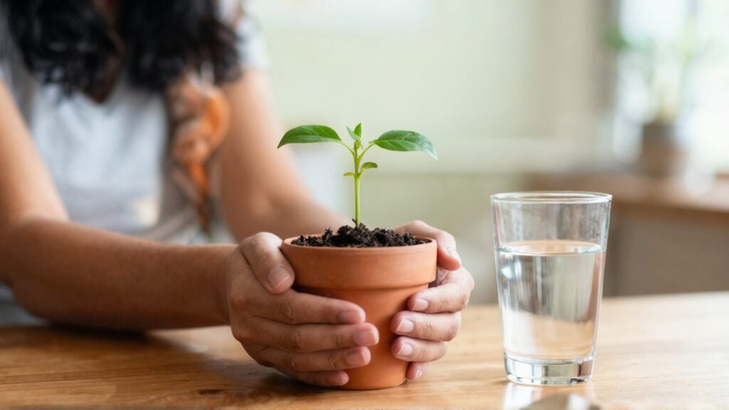 Manos de una mujer sostienen una pequeña planta verde en una maceta de terracota sobre una mesa de madera.