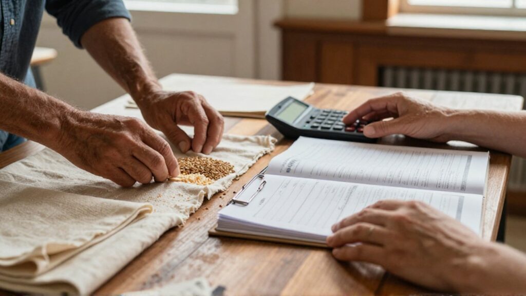 Dos pares de manos trabajan sobre una mesa de madera con textiles
