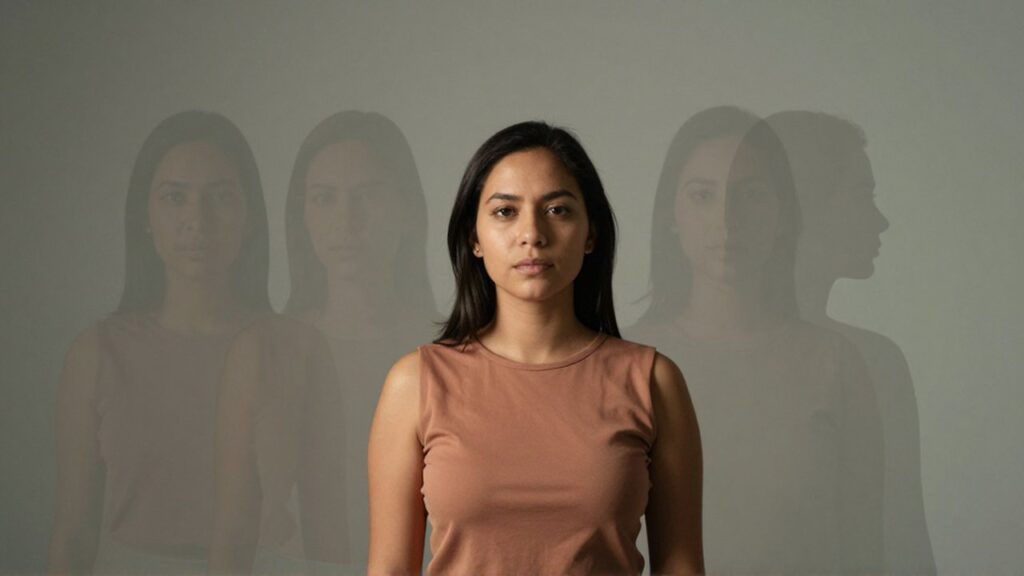 Mujer joven con ropa en tonos tierra rodeada de siluetas traslúcidas superpuestas en un estudio minimalista.