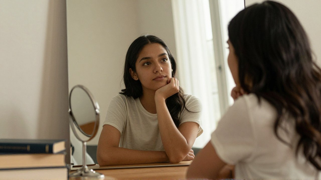 Una mujer joven observa su reflejo en un espejo grande dentro de una habitación iluminada.