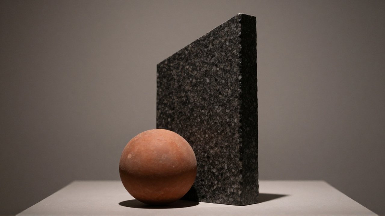 Un monolito de granito oscuro y anguloso se alza sobre una forma redondeada de terracota.