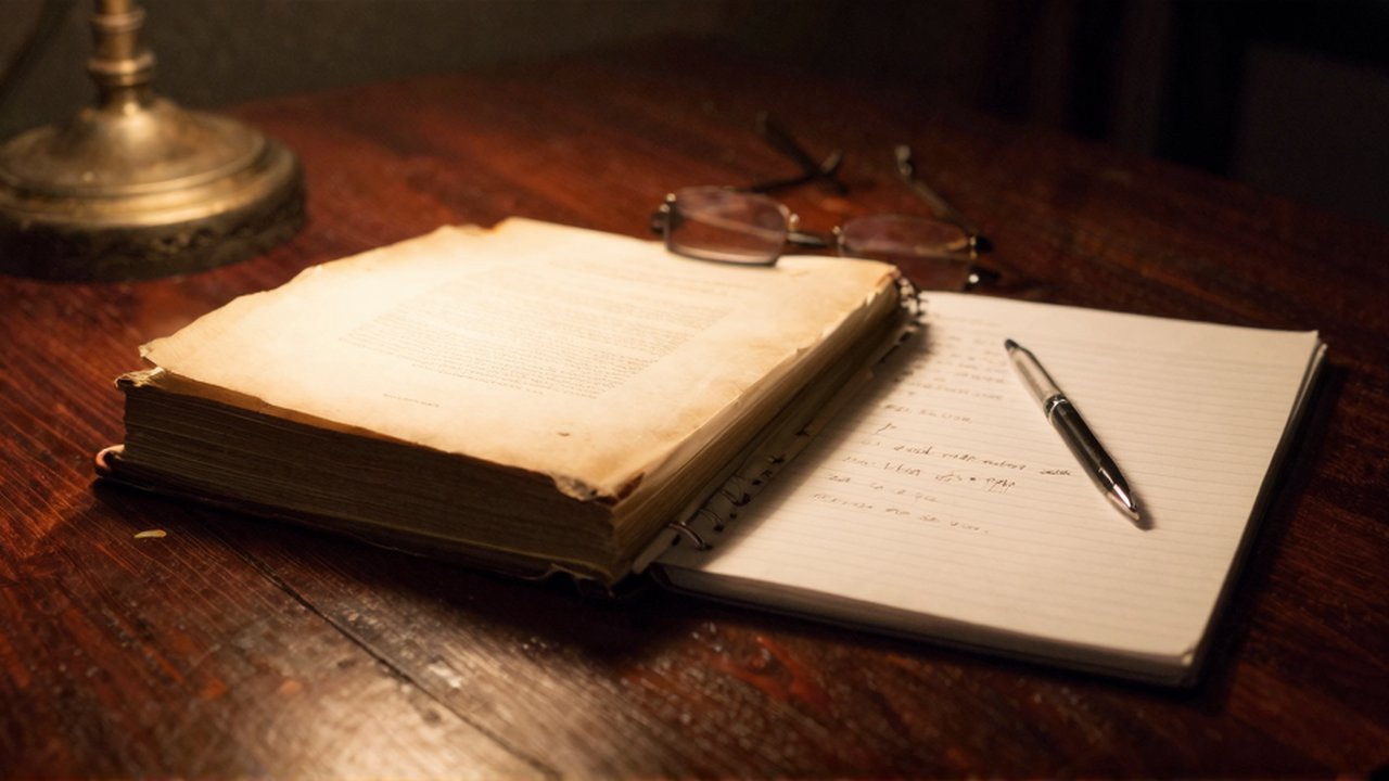 Libro de leyes desgastado y cuaderno manuscrito con gafas y un bolígrafo sobre una mesa de madera.