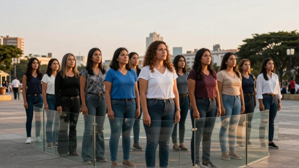 Mujeres latinoamericanas de diversas edades permanecen frente a paneles de vidrio en una plaza urbana.