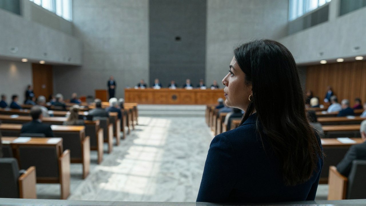 Una mujer latinoamericana observa desde un gran salón institucional un podio y una asamblea lejana.