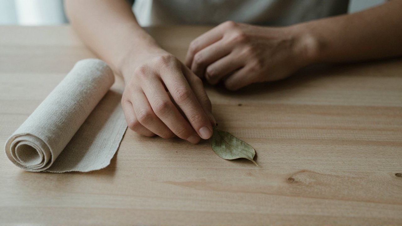 Unas manos descansan sobre una mesa de madera mientras tocan delicadamente un pétalo seco junto a un trozo de lino.