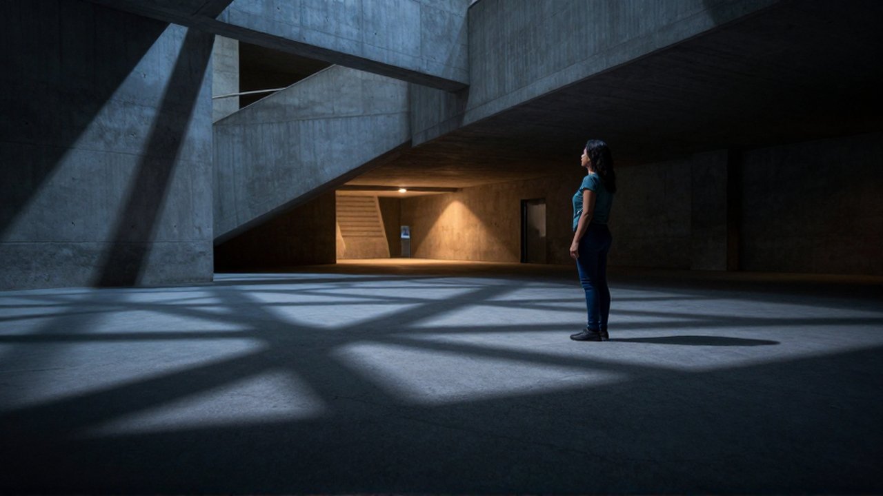Mujer latinoamericana de pie en un espacio urbano de paredes de concreto con sombras geométricas hacia una salida iluminada.